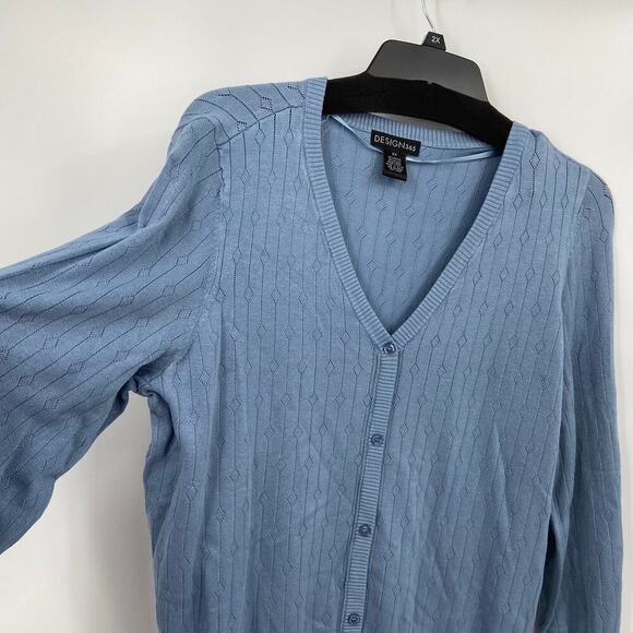Design 365 Cardigan Sweater Size 2X Blue Button Detail Henley Diamond Knit - Picture 2 of 9
